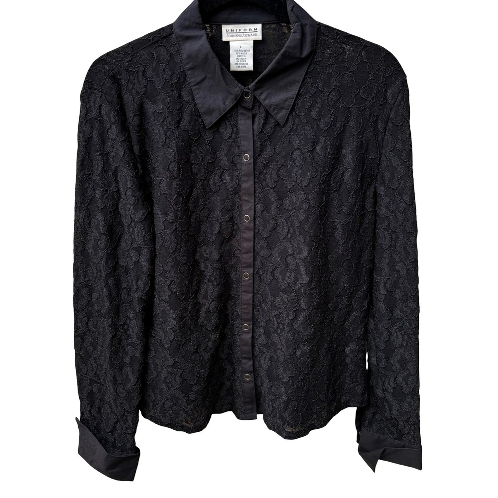 John Paul Richard Vintage Whimsigoth Coquette Floral Lace Sheer Snap Shirt L